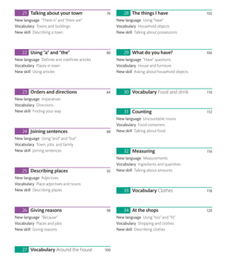 Talking about your town 76
New language “There is” and “there are”
Vocabulary Towns and buildings
New skill Describing a town
Using “a” and “the” 80
New language Definite and indefinite articles
Vocabulary Places in town
New skill Using articles
Orders and directions 84
New language Imperatives
Vocabulary Directions
New skill Finding your way
Joining sentences 88
New language Using “and” and “but”
Vocabulary Town, jobs, and family
New skill Joining sentences
Describing places 92
New language Adjectives
Vocabulary Place adjectives and nouns
New skill Describing places
Giving reasons 98
New language “Because”
Vocabulary Places and jobs
New skill Giving reasons
Vocabulary Around the house 100
The things I have 102
New language Using “have”
Vocabulary Household objects
New skill Talking about possessions
What do you have? 106
New language “Have” questions
Vocabulary House and furniture
New skill Asking about household objects
Vocabulary Food and drink 110
Counting 112
New language Uncountable nouns
Vocabulary Food containers
New skill Talking about food
Measuring 116
New language Measurements
Vocabulary Ingredients and quantities
New skill Talking about amounts
Vocabulary Clothes 118
At the shops 120
New language Using “too” and “fit”
Vocabulary Shopping and clothes
New skill Describing clothes
 