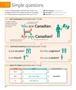 62
FURTHER EXAMPLES QUESTIONS WITH “TO BE”
Simple questions
To form simple questions with the verb “to be,” you
change the order of the subject and verb. The answer
to a simple question usually starts with “yes” or “no.”
New language Simple questions
Vocabulary Jobs and routine activities
New skill Asking simple questions
KEY LANGUAGE QUESTIONS WITH “TO BE”
To make a question
using the verb “to be,”
put the verb before
the subject.
In a statement, the subject
comes before the verb.
HOW TO FORM QUESTIONS WITH “TO BE”
The subject comes after the verb.
In a question, the verb moves
to the start of the sentence.
“TO BE” SUBJECT REST OF SENTENCE
 