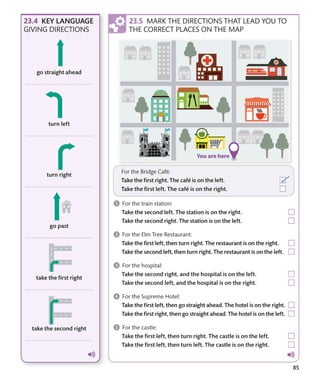 85
KEY LANGUAGE
GIVING DIRECTIONS
MARK THE DIRECTIONS THAT LEAD YOU TO
THE CORRECT PLACES ON THE MAP
 