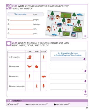 97
WRITE SENTENCES ABOUT THE IMAGE USING “A FEW,”
“SOME,” OR “LOTS OF”
LOOK AT THE TABLE, THEN SAY SENTENCES OUT LOUD
USING “A FEW,” “SOME,” AND “LOTS OF”
CHECKLIST
Adjectives Place adjectives and nouns Describing places
 