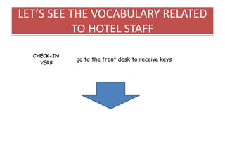 LET’S SEE THE VOCABULARY RELATED
TO HOTEL STAFF
CHECK-IN
VERB
go to the front desk to receive keys
 