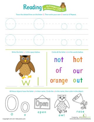Created by :
www.education.com/worksheetsCopyright 2010-2011 Education.com
Trace the dotted lines on the letter O. Then write your own O next to it! Repeat.
Write the letter o in the space below. Circle all the letter o’s in the words below.
All Aboutthe Letter O
ALPHABET FUN
o p e n
o w l
r o s e
All these objects have the letter o in their name. Circle the o in the name, then color in the object.
oO
 