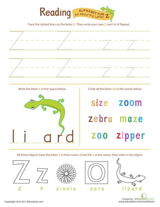 Created by :
www.education.com/worksheetsCopyright 2010-2011 Education.com
Trace the dotted lines on the letter Z. Then write your own Z next to it! Repeat.
Write the letter z in the space below. Circle all the letter z’s in the words below.
All Aboutthe Letter Z
ALPHABET FUN
z e r ozZ z i n n i a l i z a r d
All these objects have the letter z in their name. Circle the z in the name, then color in the object.
 