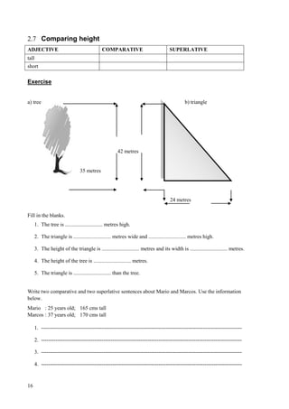 16
2.7 Comparing height
ADJECTIVE COMPARATIVE SUPERLATIVE
tall
short
Exercise
a) tree b) triangle
42 metres
35 metres
24 metres
Fill in the blanks.
1. The tree is ............................ metres high.
2. The triangle is ............................ metres wide and ............................ metres high.
3. The height of the triangle is ............................ metres and its width is ............................ metres.
4. The height of the tree is ............................ metres.
5. The triangle is ............................ than the tree.
Write two comparative and two superlative sentences about Mario and Marcos. Use the information
below.
Mario : 25 years old; 165 cms tall
Marcos : 37 years old; 170 cms tall
1. -----------------------------------------------------------------------------------------------------------------
2. -----------------------------------------------------------------------------------------------------------------
3. -----------------------------------------------------------------------------------------------------------------
4. -----------------------------------------------------------------------------------------------------------------
 