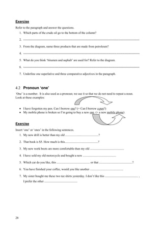28
Exercise
Refer to the paragraph and answer the questions.
1. Which parts of the crude oil go to the bottom of the column?
2. --------------------------------------------------------------------------------------------------------------------
3. From the diagram, name three products that are made from petroleum?
4. --------------------------------------------------------------------------------------------------------------------
5. What do you think ‘bitumen and asphalt’ are used for? Refer to the diagram.
6. --------------------------------------------------------------------------------------------------------------------
7. Underline one superlative and three comparative adjectives in the paragraph.
4.2 Pronoun ‘one’
‘One’ is a number. It is also used as a pronoun; we use it so that we do not need to repeat a noun.
Look at these examples:
 I have forgotten my pen. Can I borrow one? (= Can I borrow a pen?)
 My mobile phone is broken so I’m going to buy a new one. (= a new mobile phone)
Exercise
Insert ‘one’ or ‘ones’ in the following sentences.
1. My new drill is better than my old ............................................?
2. That book is $5. How much is this............................................?
3. My new work boots are more comfortable than my old .............................................
4. I have sold my old motorcycle and bought a new ............................................
5. Which car do you like, this ............................................ or that ............................................?
6. You have finished your coffee, would you like another ............................................
7. My sister bought me these two tee shirts yesterday. I don’t like this ............................................ ,
I prefer the other ............................................
 