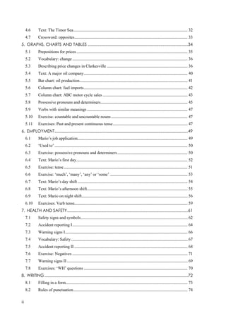 ii
4.6 Text: The Timor Sea............................................................................................................. 32
4.7 Crossword: opposites............................................................................................................ 33
5. GRAPHS, CHARTS AND TABLES ........................................................................................34
5.1 Prepositions for prices .......................................................................................................... 35
5.2 Vocabulary: change.............................................................................................................. 36
5.3 Describing price changes in Clarkesville ............................................................................. 36
5.4 Text: A major oil company................................................................................................... 40
5.5 Bar chart: oil production....................................................................................................... 41
5.6 Column chart: fuel imports................................................................................................... 42
5.7 Column chart: ABC motor cycle sales ................................................................................. 43
5.8 Possessive pronouns and determiners................................................................................... 45
5.9 Verbs with similar meanings ................................................................................................ 47
5.10 Exercise: countable and uncountable nouns......................................................................... 47
5.11 Exercises: Past and present continuous tense....................................................................... 47
6. EMPLOYMENT.....................................................................................................................49
6.1 Mario’s job application......................................................................................................... 49
6.2 ‘Used to’............................................................................................................................... 50
6.3 Exercise: possessive pronouns and determiners................................................................... 50
6.4 Text: Mario’s first day.......................................................................................................... 52
6.5 Exercise: tense...................................................................................................................... 51
6.6 Exercise: ‘much’, ‘many’, ‘any’ or ‘some’ .......................................................................... 53
6.7 Text: Mario’s day shift ......................................................................................................... 54
6.8 Text: Mario’s afternoon shift................................................................................................ 55
6.9 Text: Mario on night shift..................................................................................................... 56
6.10 Exercises: Verb tense............................................................................................................ 59
7. HEALTH AND SAFETY..........................................................................................................61
7.1 Safety signs and symbols...................................................................................................... 62
7.2 Accident reporting I.............................................................................................................. 64
7.3 Warning signs I..................................................................................................................... 66
7.4 Vocabulary: Safety ............................................................................................................... 67
7.5 Accident reporting II ............................................................................................................ 68
7.6 Exercise: Negatives .............................................................................................................. 71
7.7 Warning signs II ................................................................................................................... 69
7.8 Exercises: ‘WH’ questions ................................................................................................... 70
8. WRITING..............................................................................................................................72
8.1 Filling in a form.................................................................................................................... 73
8.2 Rules of punctuation............................................................................................................. 74
 