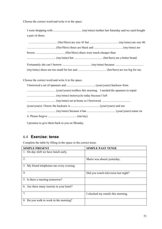 51
Choose the correct word and write it in the space.
I went shopping with ...................................... (my/mine) mother last Saturday and we each bought
a pair of shoes.
...................................... (Her/Hers) are size 43 but ...................................... (my/mine) are size 40.
...................................... (Her/Hers) shoes are black and ...................................... (my/mine) are
brown. ...................................... (Her/Hers) shoes were much cheaper than
...................................... (my/mine) but ...................................... (her/hers) are a better brand.
Fortunately she can’t borrow ...................................... (my/mine) because ......................................
(my/mine) shoes are too small for her and ...................................... (her/hers) are too big for me.
Choose the correct word and write it in the space.
I borrowed a set of spanners and ...................................... (your/yours) hacksaw from
...................................... (your/yours) toolbox this morning. I needed the spanners to repair
...................................... (my/mine) motorcycle today because I left
...................................... (my/mine) set at home so I borrowed. ......................................
(your/yours). I know the hacksaw is ...................................... (your/yours) and not
...................................... (my/mine) because it has ...................................... (your/yours) name on
it. Please forgive ...................................... (me/my).
I promise to give them back to you on Monday.
6.4 Exercise: tense
Complete the table by filling in the space in the correct tense.
SIMPLE PRESENT SIMPLE PAST TENSE
1. On day shift we have lunch early.
2. Mario was absent yesterday.
3. My friend telephones me every evening.
4. Did you watch television last night?
5. Is there a meeting tomorrow?
6. Are there many tourists in your hotel?
7. I checked my emails this morning.
8. Do you walk to work in the morning?
 