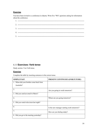 59
Exercise
You have been invited to a conference in Jakarta. Write five ‘WH’ questions asking for information
about the conference.
1. --------------------------------------------------------------------------------------------------------------------
2. --------------------------------------------------------------------------------------------------------------------
3. --------------------------------------------------------------------------------------------------------------------
4. --------------------------------------------------------------------------------------------------------------------
5. --------------------------------------------------------------------------------------------------------------------
6.11 Exercises: Verb tense
Study section 9 on Verb tense.
Exercise
Complete the table by inserting sentences in the correct tense.
SIMPLE PAST PRESENT CONTINUOUS (FOR FUTURE)
1. When did your brother come back from
Australia?
2.
Are you going to work tomorrow?
3. Did you send an email to Mario?
4. Where are you going tomorrow?
5. Did you watch television last night?
6.
Is the new manager starting work tomorrow?
7.
How are you feeling today?.
8. Did you go to the meeting yesterday?
 