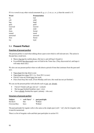 88
If it is a vowel or any other voiced consonant (b, g, z, v, l, m, n, r, w, y) then the sound is ‘d’.
Word Pronunciation
tie tied
sob sobd
bag bagd
gaze gazd
received receivd
mill mild
form formd
turned turnd
answered answerd
flow flowd
toy toyd
9.4 Present Perfect
Function of present perfect
The present perfect is used when talking about a past event which is still relevant now. The action in
the past has a result now.
 Marcos has lost his mobile phone. (He lost it, and still hasn’t found it.)
 ExxonMobil has discovered a new oil field in the Timor Sea. (They discovered oil, and hope it
will make them rich.)
We also can use present perfect when we talk about a period of time that continues from the past until
now.
 I have been here for about a year.
 I have been here since 2011. (i.e. from 2011 to now)
 I haven’t seen my friend since last week.
 I have been busy this week. (From Monday until now; this week has not yet finished.)
We can use the present perfect with adverbs such as just, yet, already.
 I haven’t found a job yet. (not yet = seidauk)
 She has just finished breakfast. (just = foin)
 I have already finished the report. (already = tiha ona)
Structure of present perfect
Subject + verb ‘have’ + past participle
He/she/it Has Walked
I/we/you/they have Walked
The past participle for regular verbs is the same as the simple past (verb + ‘ed’), but for irregular verbs
it must be memorised.
There is a list of irregular verbs and their past participles in section 9.9.
 