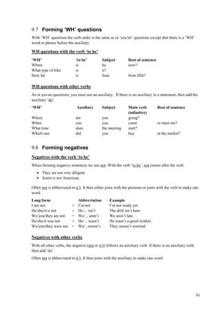 91
9.7 Forming ‘WH’ questions
With ‘WH’ questions the verb order is the same as in ‘yes/no’ questions except that there is a ‘WH’
word or phrase before the auxiliary.
WH questions with the verb ‘to be’
‘WH’ ‘to be’ Subject Rest of sentence
Where is he now?
What type of bike is it?
How far is Suai from Dili?
WH questions with other verbs
As in yes-no questions, you must use an auxiliary. If there is no auxiliary in a statement, then add the
auxiliary ‘do’.
‘WH’ Auxiliary Subject Main verb
(infinitive)
Rest of sentence
Where are you going?
When can you come to meet me?
What time does the meeting start?
Which one did you buy at the market?
9.8 Forming negatives
Negatives with the verb ‘to be’
When forming negative sentences we use not. With the verb ‘to be’, not comes after the verb.
 They are not very diligent.
 Justin is not American.
Often not is abbreviated to n’t. It then either joins with the pronoun or joins with the verb to make one
word.
Long form Abbreviation Example
I am not = I’m not I’m not ready yet.
He/she/it is not = He/... isn’t The drill isn’t here.
We/you/they are not = We/... aren’t We aren’t late.
He/she/it was not = He/... wasn’t He wasn’t a good worker.
We/you/they were not = We/...weren’t They weren’t worried.
Negatives with other verbs
With all other verbs, the negative (not or n’t) follows an auxiliary verb. If there is no auxiliary verb,
then add ‘do’.
Often not is abbreviated to n’t. It then joins with the auxiliary to make one word.
 