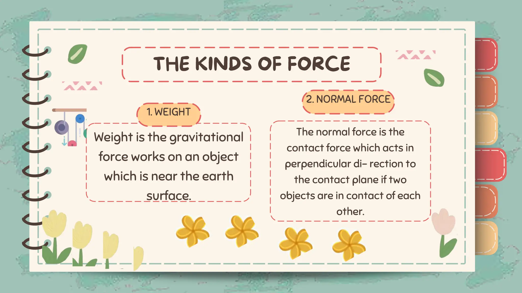)
)
)
)
)
)
)
)
)
)
)
)
)
)
)
)
)
)
Weight is the gravitational
force works on an object
which is near the earth
surface.
1. WEIGHT
The normal force is the
contact force which acts in
perpendicular di- rection to
the contact plane if two
objects are in contact of each
other.
2. NORMAL FORCE
 