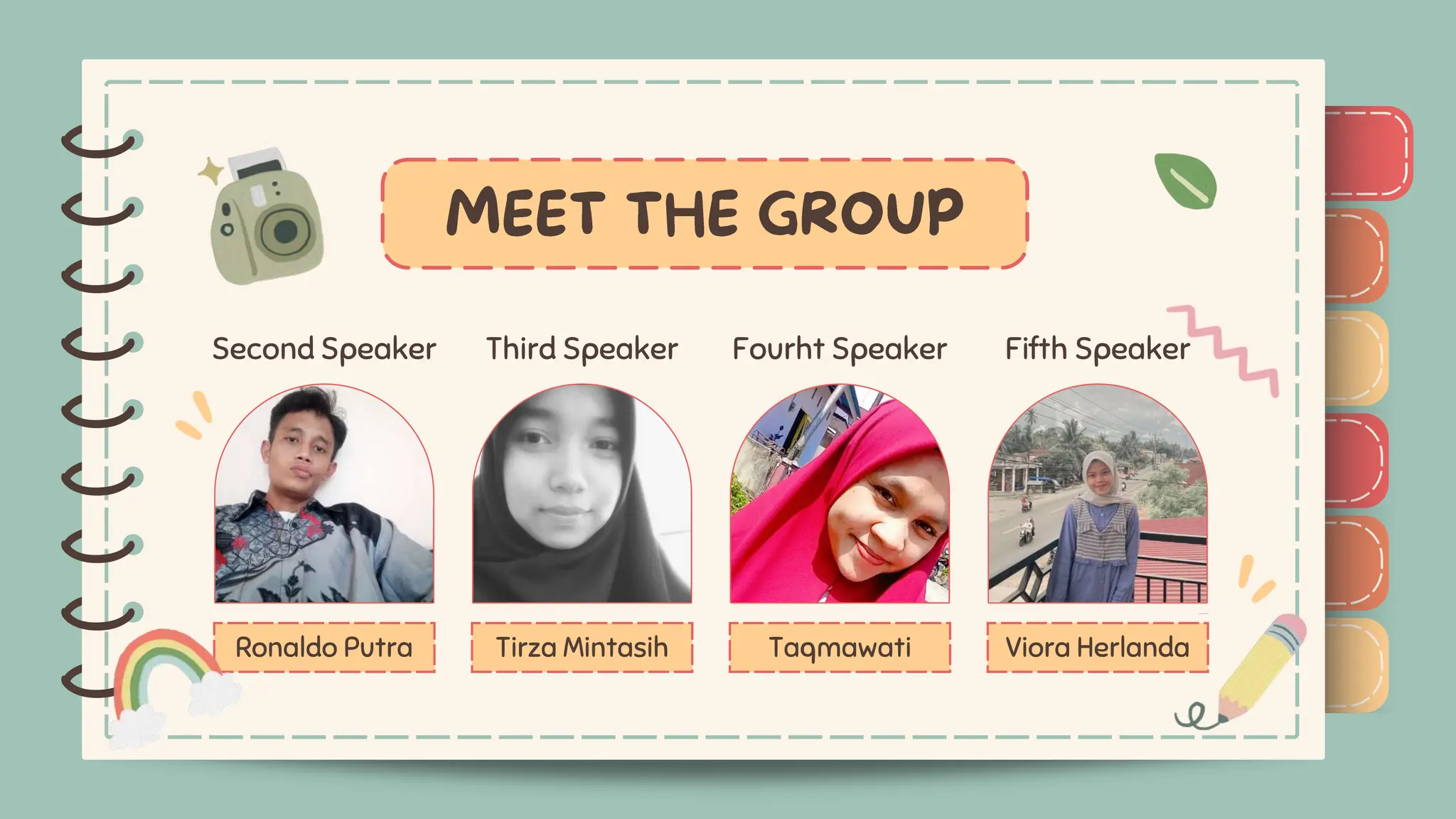 )
)
)
)
)
)
)
)
)
Second Speaker Third Speaker Fourht Speaker Fifth Speaker
Ronaldo Putra
)
)
)
)
)
)
)
)
)
Tirza Mintasih Taqmawati Viora Herlanda
 