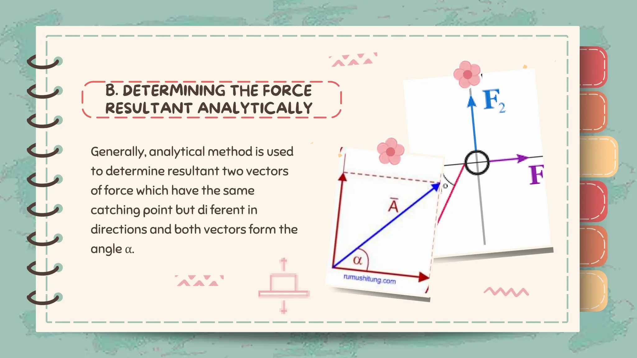 )
)
)
)
)
)
)
)
)
Generally, analytical method is used
to determine resultant two vectors
of force which have the same
catching point but di ferent in
directions and both vectors form the
angle α.
)
)
)
)
)
)
)
)
)
 