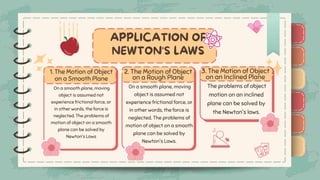 )
)
)
)
)
)
)
)
)
On a smooth plane, moving
object is assumed not
experience frictional force, or
in other words, the force is
neglected. The problems of
motion of object on a smooth
plane can be solved by
Newton's Laws
On a smooth plane, moving
object is assumed not
experience frictional force, or
in other words, the force is
neglected. The problems of
motion of object on a smooth
plane can be solved by
Newton's Laws.
The problems of object
motion on an inclined
plane can be solved by
the Newton's laws.
1. The Motion of Object
on a Smooth Plane
2. The Motion of Object
on a Rough Plane
3. The Motion of Object
on an Inclined Plane
)
)
)
)
)
)
)
)
)
 