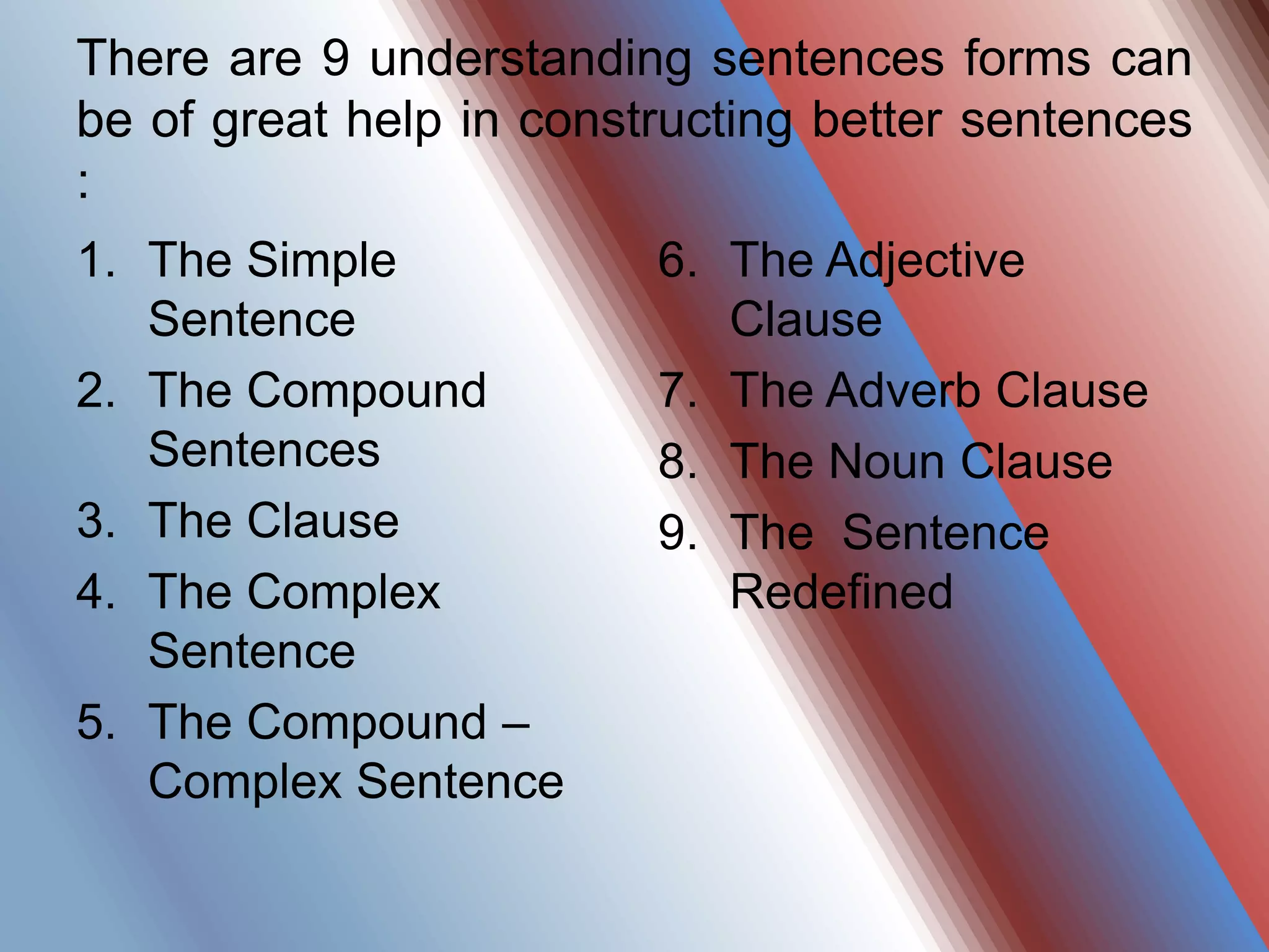 There are 9 understanding sentences forms can
be of great help in constructing better sentences
:
1. The Simple
Sentence
2. The Compound
Sentences
3. The Clause
4. The Complex
Sentence
5. The Compound –
Complex Sentence
6. The Adjective
Clause
7. The Adverb Clause
8. The Noun Clause
9. The Sentence
Redefined
 