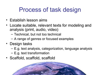 Process of task design Establish lesson aims Locate suitable, relevant texts for modeling and analysis (print, audio, video) Technical, but not too technical A range of genres or focused examples Design tasks E.g. text analysis, categorization, language analysis E.g. text transformation Scaffold, scaffold, scaffold 