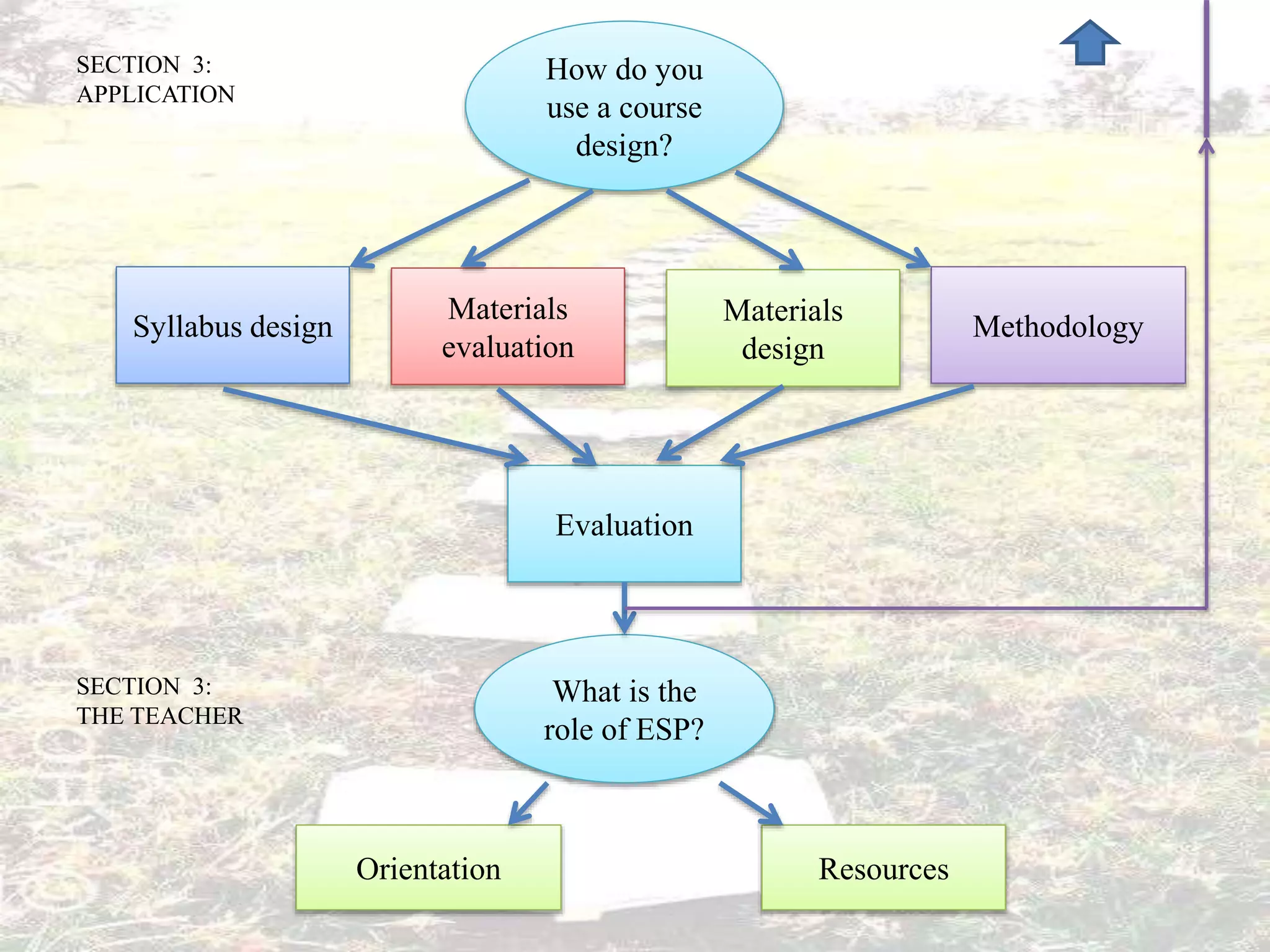 How do you 
use a course 
design? 
Syllabus design 
Materials 
evaluation 
Materials 
design 
Methodology 
Evaluation 
What is the 
role of ESP? 
Orientation Resources 
SECTION 3: 
APPLICATION 
SECTION 3: 
THE TEACHER 
 