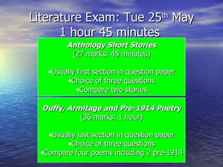 Literature Exam: Tue 25 th  May 1 hour 45 minutes  Anthology Short Stories (27 marks: 45 minutes) Usually first section in question paper Choice of three questions Compare two stories Duffy, Armitage and Pre-1914 Poetry (36 marks: 1 hour) Usually last section in question paper Choice of three questions Compare four poems including 2 pre-1914 