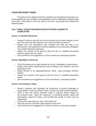 102
YOUR DISCOVERY TASKS
Focusing on your target to become a healthy and developed young adult, you
must capitalize on your strengths and capabilities to direct challenges to opportunities
at all costs. With these in mind, you have to form four big groups and complete the
following tasks.
Task 7 SMALL GROUP DIFFERENTIATED ACTIVITIES LEADING TO
COMPLETION
Group 1 In Another Dimension
• Imagine Confucius was with you and he advised you to make changes in your
life. From what you have learned, how would you heed his advice?
• Explain how your perceptions have changed and what you plan to do.
Remember to use logical and emotional appeal as your persuasive strategies.
Use modals whenever necessary.
• Assign one member of the group to play the role of a speaker persuading
others to agree with your ideas.
• Give comments and suggestions on how to enhance a persuasive speech.
Group 2 Spotlight to Follow Up
• Think of someone who really inspired you to turn challenges to opportunities.
• Explain how he/she influenced your way of thinking, your decision, and your
philosophy in life.
• Relate him/her to an object/plant/animal. What could symbolize him/her?
Explain.
• Assign one member of the group to play the role of a speaker persuading
others.
• Give comments and suggestions on how to enhance a persuasive speech.
Group 3 Connecting to Today
• Recall a selection that highlights the importance of turning challenges to
opportunities in order to preserve honor, humility, and other positive attitudes.
• Think of how the literary character (lead or support) would respond to
the pressing news about the regression in practicing positive values like
self-respect, respect for others, and humility that results in crimes and evil
happenings.
• Choose one news about an issue that stands out.
• Role play how the character might respond to the news.
• Give comments and suggestions on how to enhance a persuasive speech.
 