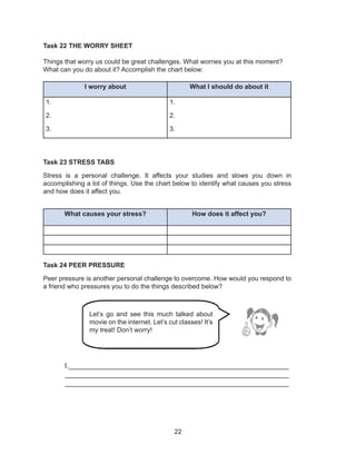 22
Task 22 THE WORRY SHEET
Things that worry us could be great challenges. What worries you at this moment?
What can you do about it? Accomplish the chart below:
I worry about What I should do about it
1.
2.
3.
1.
2.
3.
Task 23 STRESS TABS
Stress is a personal challenge. It affects your studies and slows you down in
accomplishing a lot of things. Use the chart below to identify what causes you stress
and how does it affect you.
What causes your stress? How does it affect you?
Task 24 PEER PRESSURE
Peer pressure is another personal challenge to overcome. How would you respond to
a friend who pressures you to do the things described below?
I._______________________________________________________
________________________________________________________
________________________________________________________
Let’s go and see this much talked about
movie on the internet. Let’s cut classes! It’s
my treat! Don’t worry!
 
