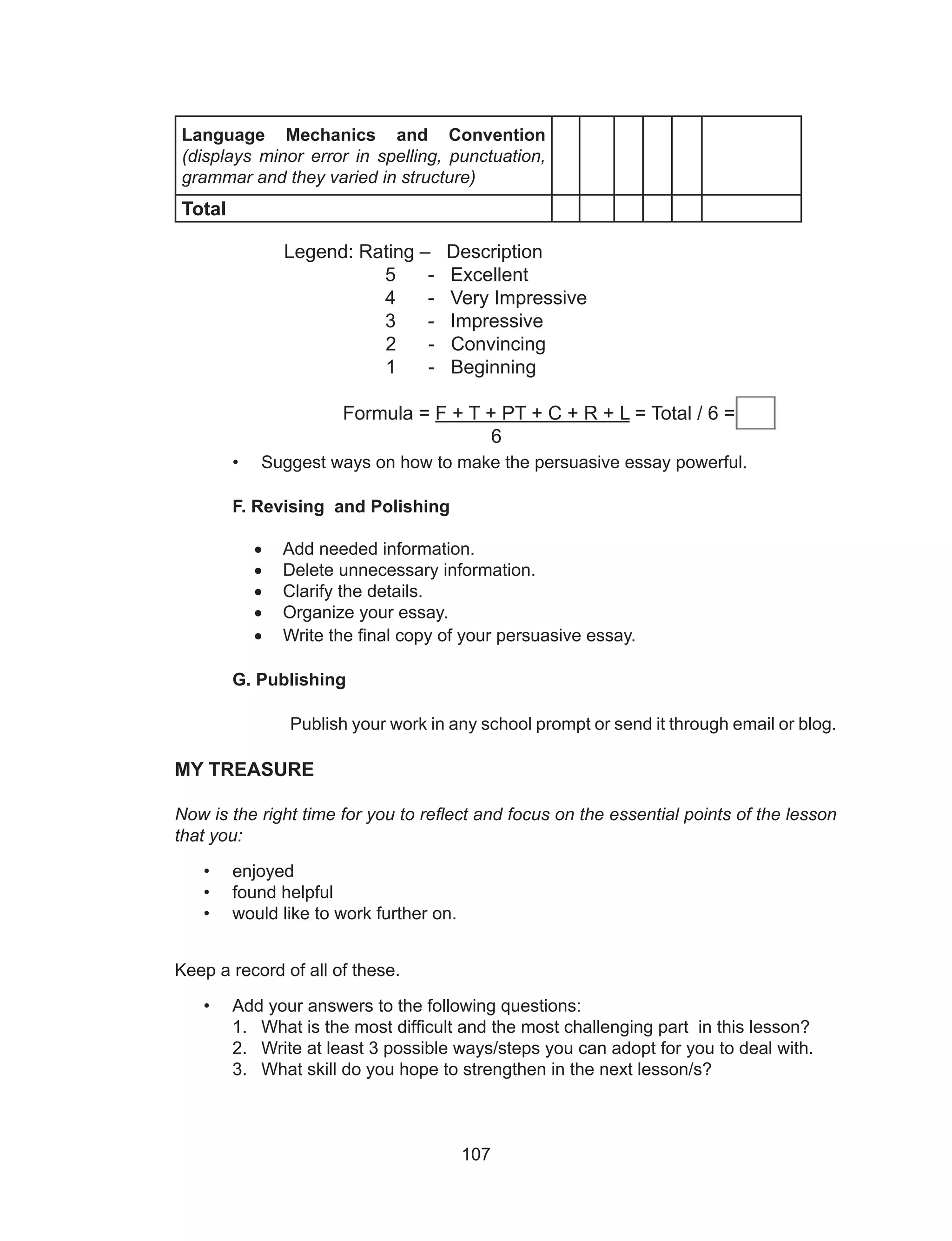 107
Language Mechanics and Convention
(displays minor error in spelling, punctuation,
grammar and they varied in structure)
Total
Legend: Rating – Description
5 - Excellent
4 - Very Impressive
3 - Impressive
2 - Convincing
1 - Beginning
Formula = F + T + PT + C + R + L = Total / 6 =
6
• Suggest ways on how to make the persuasive essay powerful.
F. Revising and Polishing
•	 Add needed information.
•	 Delete unnecessary information.
•	 Clarify the details.
•	 Organize your essay.
•	 Write the final copy of your persuasive essay.
G. Publishing
Publish your work in any school prompt or send it through email or blog.
MY TREASURE
Now is the right time for you to reflect and focus on the essential points of the lesson
that you:
• enjoyed
• found helpful
• would like to work further on.
Keep a record of all of these.
• Add your answers to the following questions:
1. What is the most difficult and the most challenging part in this lesson?
2. Write at least 3 possible ways/steps you can adopt for you to deal with.
3. What skill do you hope to strengthen in the next lesson/s?
 