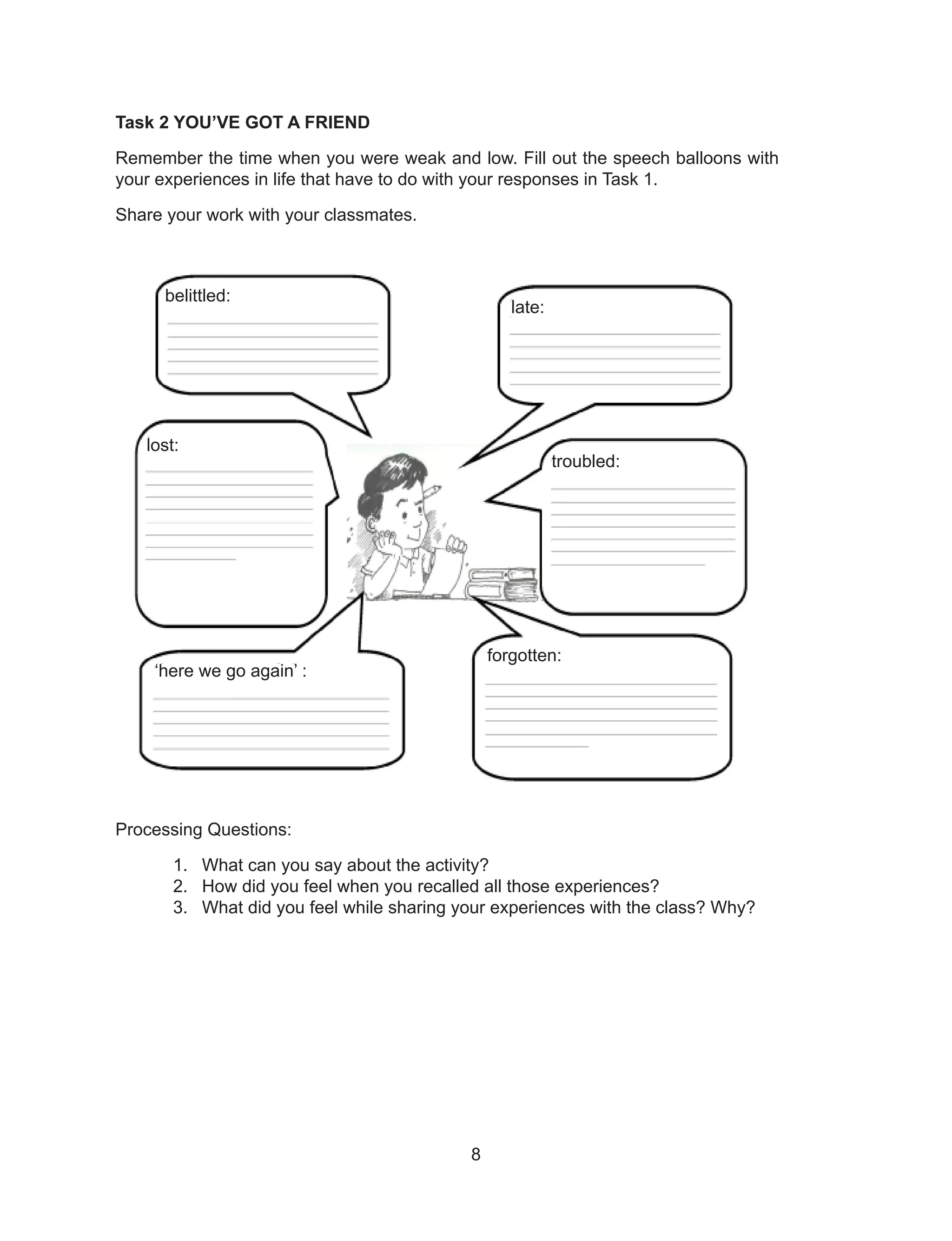 8
Task 2 YOU’VE GOT A FRIEND
Remember the time when you were weak and low. Fill out the speech balloons with
your experiences in life that have to do with your responses in Task 1.
Share your work with your classmates.
Processing Questions:
1. What can you say about the activity?
2. How did you feel when you recalled all those experiences?
3. What did you feel while sharing your experiences with the class? Why?
belittled:
late:
lost:
troubled:
‘here we go again’ :
forgotten:
 