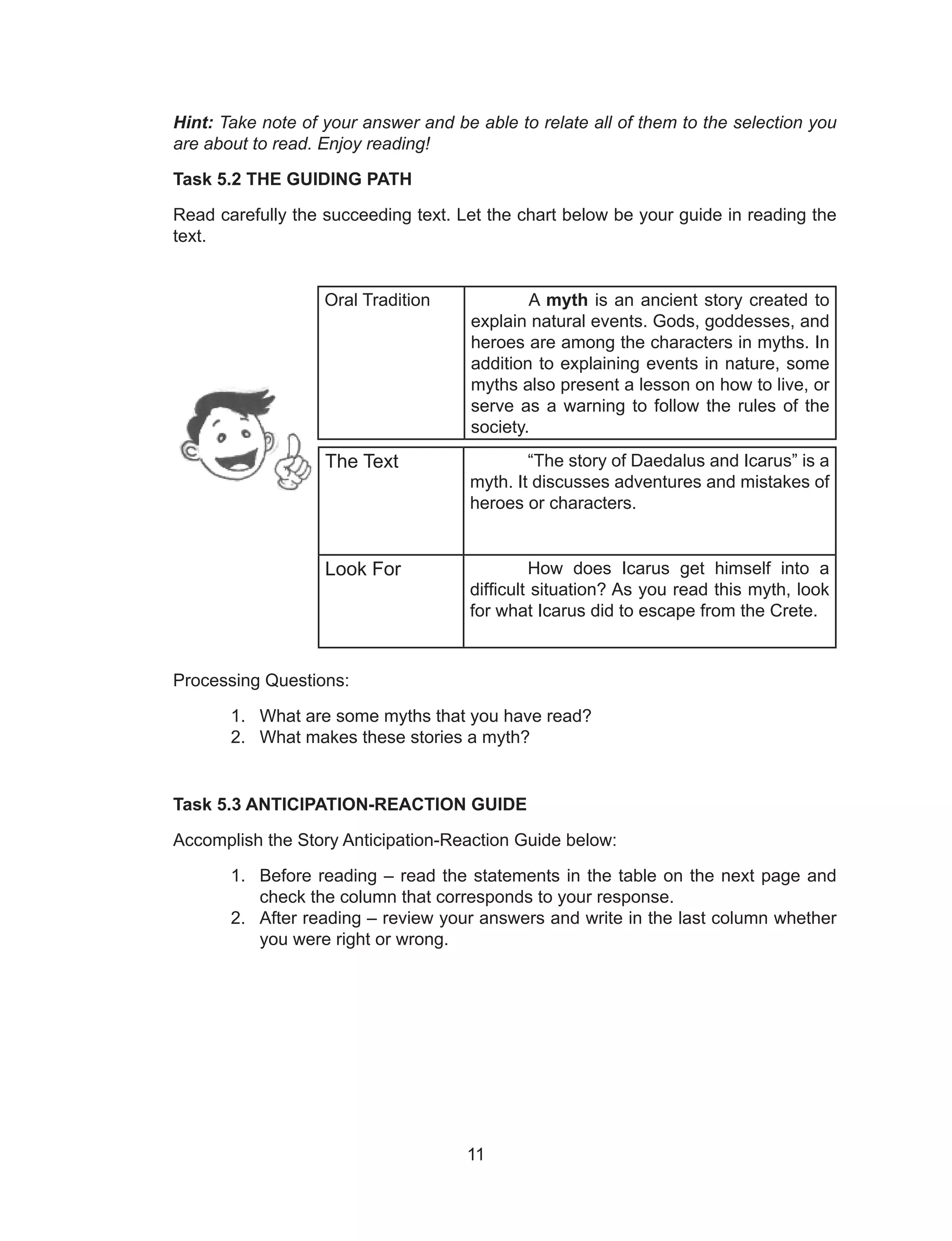 11
Hint: Take note of your answer and be able to relate all of them to the selection you
are about to read. Enjoy reading!
Task 5.2 THE GUIDING PATH
Read carefully the succeeding text. Let the chart below be your guide in reading the
text.
Oral Tradition A myth is an ancient story created to
explain natural events. Gods, goddesses, and
heroes are among the characters in myths. In
addition to explaining events in nature, some
myths also present a lesson on how to live, or
serve as a warning to follow the rules of the
society.
The Text “The story of Daedalus and Icarus” is a
myth. It discusses adventures and mistakes of
heroes or characters.
Look For How does Icarus get himself into a
difficult situation? As you read this myth, look
for what Icarus did to escape from the Crete.
Processing Questions:
1. What are some myths that you have read?
2. What makes these stories a myth?
Task 5.3 ANTICIPATION-REACTION GUIDE
Accomplish the Story Anticipation-Reaction Guide below:
1. Before reading – read the statements in the table on the next page and
check the column that corresponds to your response.
2. After reading – review your answers and write in the last column whether
you were right or wrong.
 
