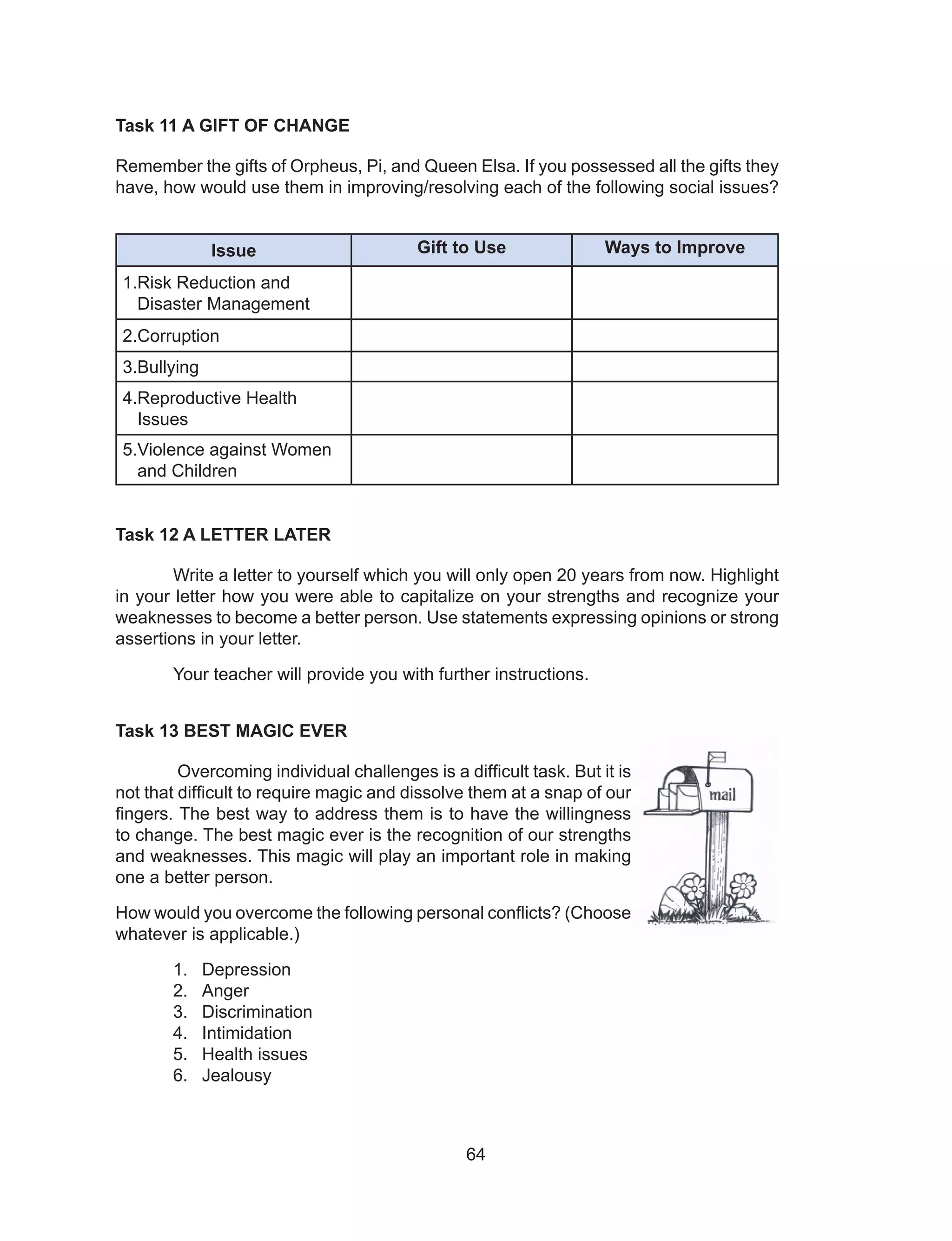 64
Task 11 A GIFT OF CHANGE
Remember the gifts of Orpheus, Pi, and Queen Elsa. If you possessed all the gifts they
have, how would use them in improving/resolving each of the following social issues?
Issue Gift to Use Ways to Improve
1.Risk Reduction and
Disaster Management
2.Corruption
3.Bullying
4.Reproductive Health
Issues
5.Violence against Women
and Children
Task 12 A LETTER LATER
Write a letter to yourself which you will only open 20 years from now. Highlight
in your letter how you were able to capitalize on your strengths and recognize your
weaknesses to become a better person. Use statements expressing opinions or strong
assertions in your letter.
Your teacher will provide you with further instructions.
Task 13 BEST MAGIC EVER
Overcoming individual challenges is a difficult task. But it is
not that difficult to require magic and dissolve them at a snap of our
fingers. The best way to address them is to have the willingness
to change. The best magic ever is the recognition of our strengths
and weaknesses. This magic will play an important role in making
one a better person.
How would you overcome the following personal conflicts? (Choose
whatever is applicable.)
1. Depression
2. Anger
3. Discrimination
4. Intimidation
5. Health issues
6. Jealousy
 