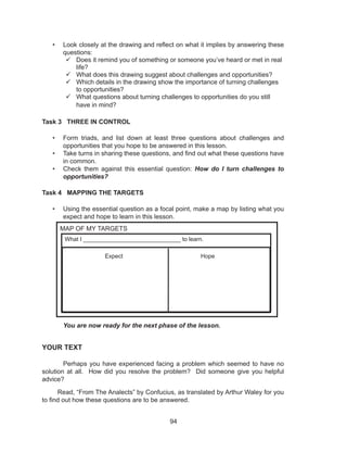 94
•	 Look closely at the drawing and reflect on what it implies by answering these
questions:
	Does it remind you of something or someone you’ve heard or met in real
life?
	What does this drawing suggest about challenges and opportunities?
	Which details in the drawing show the importance of turning challenges
to opportunities?
	What questions about turning challenges to opportunities do you still
have in mind?
Task 3 THREE IN CONTROL
•	 Form triads, and list down at least three questions about challenges and
opportunities that you hope to be answered in this lesson.
•	 Take turns in sharing these questions, and find out what these questions have
in common.
•	 Check them against this essential question: How do I turn challenges to
opportunities?
Task 4 MAPPING THE TARGETS
•	 Using the essential question as a focal point, make a map by listing what you
expect and hope to learn in this lesson.
	 You are now ready for the next phase of the lesson.
YOUR TEXT
	 Perhaps you have experienced facing a problem which seemed to have no
solution at all. How did you resolve the problem? Did someone give you helpful
advice?
Read, “From The Analects” by Confucius, as translated by Arthur Waley for you
to find out how these questions are to be answered.
MAP OF MY TARGETS
What I ______________________________ to learn.
Expect Hope
 