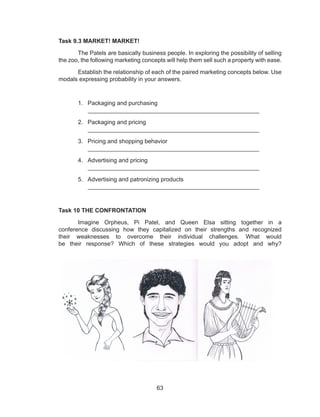 63
Task 9.3 MARKET! MARKET!
	 The Patels are basically business people. In exploring the possibility of selling
the zoo, the following marketing concepts will help them sell such a property with ease.
	 Establish the relationship of each of the paired marketing concepts below. Use
modals expressing probability in your answers.
1.	 Packaging and purchasing
	 ____________________________________________________
2.	 Packaging and pricing
	 ____________________________________________________
3.	 Pricing and shopping behavior
	 ____________________________________________________
4.	 Advertising and pricing
	 ____________________________________________________
5.	 Advertising and patronizing products
	 ____________________________________________________
Task 10 THE CONFRONTATION
	 Imagine Orpheus, Pi Patel, and Queen Elsa sitting together in a
conference discussing how they capitalized on their strengths and recognized
their weaknesses to overcome their individual challenges. What would
be their response? Which of these strategies would you adopt and why?
 
