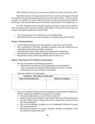 84
“Drink deeply, brave king, so you may see all that you wish in the mirror of life.”
Odin lifted the horn to his lips and drank. Then, he knelt by the edge of the well
and watched the pictures passing across its still and silent surface. When he stood
up again, he sighed, for it was as Mimir had said. He had seen sorrow and death as
well as joy. It was only the glorious promise at the end that gave him courage to go on.
So Odin, the great king of the gods, became one-eyed. If you can find Mimir’s
well, you will see Odin’s blue eye resting at the bottom. It is there to remind men and
women of the great sacrifice he made for them.
•	 Form small groups of six, and work on your assigned task.
•	 Remember to share your ideas, thoughts, and experiences with the class.
Group 1 Vocabulary Hunt
•	 Look for difficult words found in the selection “How Odin Lost His Eyes.”
•	 Use a dictionary to find their denotative meaning, and then share how you
understand each word (connotative meaning).
•	 Describe each word to other groups by using words and gestures.
•	 Ask members of other groups to identify the word you’re describing.
•	 Repeat the process until the last difficult word is clear to all.
Group 2 The Power of C2
(Conflict and Character)
•	 Discuss the answer to the following questions.
1.	 What internal conflict has Odin experienced as he faced Mimir?
Look for phrases and sentences that express his duty to his family 		
	 particularly to his son) and duty to his people.
	 Write this conflict in the chart below.
Conflict in “How Odin Lost His Eye”
Duty to his family (son) Duty to his people
•	 Focus on character change and use the dialogue or the character’s experiences
with the supporting character/s to support your answers.
1.	 Do you consider Odin as a hero? Why or why not?
2.	 Does he only think of himself or other people? Why does he think that way?
3.	 Consider Odin’s desire. Does it serve as an opportunity to prove he can
face the challenges?
4.	 How did the character succeed over his challenges? What did he learn
from the experience?
5.	 Was there a change in his actions, thoughts, feelings, and attitude, or did
he remain the same till the end?
 