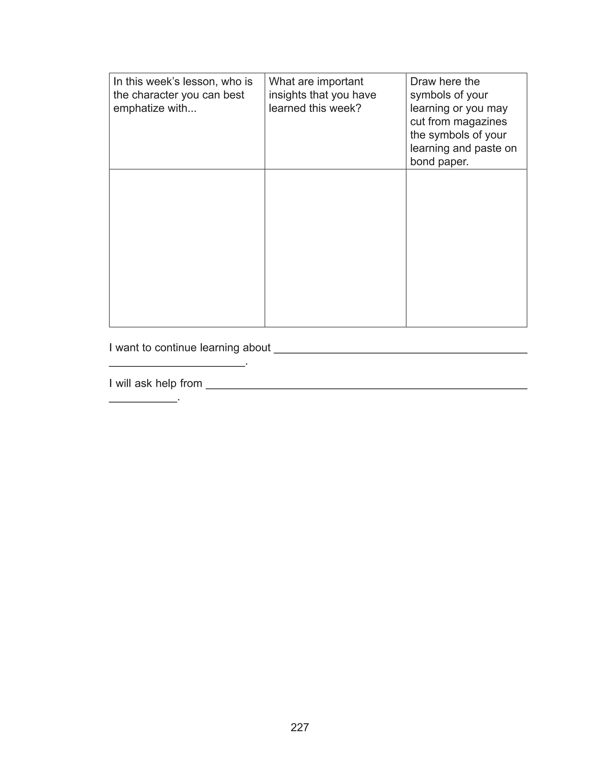 227
In this week’s lesson, who is
the character you can best
emphatize with...
What are important
insights that you have
learned this week?
Draw here the
symbols of your
learning or you may
cut from magazines
the symbols of your
learning and paste on
bond paper.
I want to continue learning about _________________________________________
______________________.
I will ask help from ____________________________________________________
___________.
 