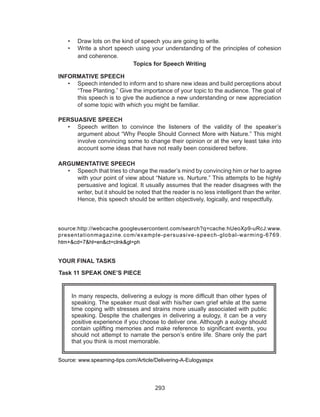 293
•	 Draw lots on the kind of speech you are going to write.
•	 Write a short speech using your understanding of the principles of cohesion
and coherence.
Topics for Speech Writing
INFORMATIVE SPEECH
•	 Speech intended to inform and to share new ideas and build perceptions about
“Tree Planting.” Give the importance of your topic to the audience. The goal of
this speech is to give the audience a new understanding or new appreciation
of some topic with which you might be familiar.
PERSUASIVE SPEECH
•	 Speech written to convince the listeners of the validity of the speaker’s
argument about “Why People Should Connect More with Nature.” This might
involve convincing some to change their opinion or at the very least take into
account some ideas that have not really been considered before.
ARGUMENTATIVE SPEECH
•	 Speech that tries to change the reader’s mind by convincing him or her to agree
with your point of view about “Nature vs. Nurture.” This attempts to be highly
persuasive and logical. It usually assumes that the reader disagrees with the
writer, but it should be noted that the reader is no less intelligent than the writer.
Hence, this speech should be written objectively, logically, and respectfully.
source:http://webcache.googleusercontent.com/search?q=cache:hUeoXp9-uRcJ:www.
presentationmagazine.com/example-persuasive-speech-global-warming-6769.
htm+&cd=7&hl=en&ct=clnk&gl=ph
YOUR FINAL TASKS
Task 11 SPEAK ONE’S PIECE
Source: www.speaming-tips.com/Article/Delivering-A-Eulogyaspx	
In many respects, delivering a eulogy is more difficult than other types of
speaking. The speaker must deal with his/her own grief while at the same
time coping with stresses and strains more usually associated with public
speaking. Despite the challenges in delivering a eulogy, it can be a very
positive experience if you choose to deliver one. Although a eulogy should
contain uplifting memories and make reference to significant events, you
should not attempt to narrate the person’s entire life. Share only the part
that you think is most memorable.
 