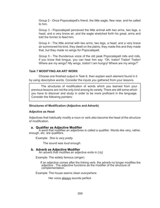 359
Group 2 - Once Popocatepetl’s friend, the little eagle, flew near, and he called
to him.
Group 3 - Popocatepetl perceived the little animal with two arms, two legs, a
head, and a very brave air, and the eagle stretched forth his great, arms and
told the former to feed him.
Group 4 - The little animal with two arms, two legs, a head, and a very brave
air summoned his kind, they dwelt on the plains, they made this and they made
that, but they made no wings for Popocatepetl.
Group 5 - The thunderous voice of the old peak Popocatepetl rolls and rolls,
if you know that tongue, you can hear him say: “Oh, traitor! Traitor! Traitor!
Where are my wings? My wings, traitor! I am hungry! Where are my wings?”
Task 7 MODIFYING AN ART WORK
	 Choose one finished output in Task 6, then explain each element found in it
by using descriptive words. Consider the inputs you gathered from your lessons.
Structures of Modification (Adjective and Adverb)
Adjective as Head
Adjectives that habitually modify a noun or verb also become the head of the structure
of modification.
a.	 Qualifier as Adjective Modifier
	 A word that modifies an adjectives is called a qualifier. Words like very, rather,
enough, etc. are qualifiers.
Example:  She is very pretty.
         The sound was loud enough.
b.	 Adverb as Adjective Modifier
	 An adverb that modifies an adjective ends in {-ly}
Example: The widely famous (singer)
If an adjective comes after the linking verb, the adverb no longer modifies the
adjective . The adjective functions as the modifier of the structure of
complementation.
Example: The house seems clean everywhere.
		Her voice always sounds perfect
The structures of modification of words which you learned from your
previous lessons are not the only kind among its variety. There are still some which
you have to discover and study in order to be more proficient in the language.
Consider the following pointers:
 
