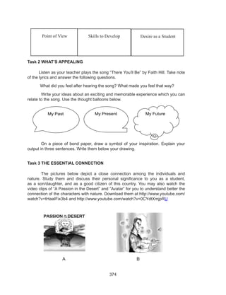 374
Task 2 WHAT’S APPEALING
Listen as your teacher plays the song “There You’ll Be” by Faith Hill. Take note
of the lyrics and answer the following questions.
	 Write your ideas about an exciting and memorable experience which you can
relate to the song. Use the thought balloons below.
	 On a piece of bond paper, draw a symbol of your inspiration. Explain your
output in three sentences. Write them below your drawing.
Task 3 THE ESSENTIAL CONNECTION
	 The pictures below depict a close connection among the individuals and
nature. Study them and discuss their personal significance to you as a student,
as a son/daughter, and as a good citizen of this country. You may also watch the
video clips of “A Passion in the Desert” and “Avatar” for you to understand better the
connection of the characters with nature. Download them at http://www.youtube.com/
watch?v=tHaaIFix3b4 and http://www.youtube.com/watch?v=0CYdtXmjpRU
A						 B
Desire as a StudentSkills to DevelopPoint of View
What did you feel after hearing the song? What made you feel that way?
My Past My Present My Future
 