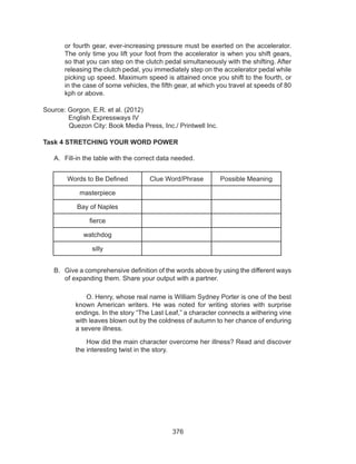 376
or fourth gear, ever-increasing pressure must be exerted on the accelerator.
The only time you lift your foot from the accelerator is when you shift gears,
so that you can step on the clutch pedal simultaneously with the shifting. After
releasing the clutch pedal, you immediately step on the accelerator pedal while
picking up speed. Maximum speed is attained once you shift to the fourth, or
in the case of some vehicles, the fifth gear, at which you travel at speeds of 80
kph or above.
Source: Gorgon, E.R. et al. (2012)
	 English Expressways IV
Quezon City: Book Media Press, Inc./ Printwell Inc.
Task 4 STRETCHING YOUR WORD POWER
A.	 Fill-in the table with the correct data needed.
Words to Be Defined Clue Word/Phrase Possible Meaning
masterpiece
Bay of Naples
fierce
watchdog
silly
B.	 Give a comprehensive definition of the words above by using the different ways
of expanding them. Share your output with a partner.
	
	 O. Henry, whose real name is William Sydney Porter is one of the best
known American writers. He was noted for writing stories with surprise
endings. In the story “The Last Leaf,” a character connects a withering vine
with leaves blown out by the coldness of autumn to her chance of enduring
a severe illness.
	 How did the main character overcome her illness? Read and discover
the interesting twist in the story.
 