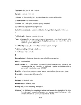 503
Enormous (adj.) huge, vast, gigantic
Equip (v.) prepare, train, arm
Evidence (n.) outward signs of proofs to ascertain the truth of a matter
Exaggerations (n.) overstatements
Excellent (adj.) very good, superior quality of its kind
Expectations (n.) acts of looking forward
Explicit information (n.) a statement that is clearly and directly stated in the text
F
Fashioning (v.) shaping, molding, forming
Figure of Speech (n.) an expression or use of language in a non-literal sense in order
to achieve a particular effect. Metaphors, similes, and hyperboles are all
common figures of speech.
Focal Point (n.) focus, the point of concentration; point of origin
Forbidden (adj.) prohibited, not allowed
Formulate (v.) make, create
G
Generalization (n.) general statement, law, principle, or proportion
Gist (n.) idea, essence
Global Citizen (n.) a person who “understands interconnectedness, respects and
values diversity, has the ability to challenge injustice, and takes action in
personally meaningful ways. (UNICEF)
Graphics (n.) drawings, pictures, maps, graphs used to illustrate/represent ideas
Groaned (v.) moaned, grumbled, growled
H
Harmony (n.) internal calm
Harnessing (v.) utilizing, using
Healing (adj.) curing, soothing, therapeutic
Hedging (v.) a significant communicative resource for academics since it both confirms
the individual’s professional persona and represents a critical element in the
rhetorical means of gaining acceptance of claims
 