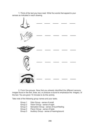 286
	 1. Think of the text you have read. Write five words that appeal to your
senses as indicated in each drawing.
				
				 _____ _____ _____ _____ _____
				
				
												
				 _____ _____ _____ _____ _____
				
				 _____ _____ _____ _____ _____
				
												
				 _____ _____ _____ _____ _____
				
												
				
				 _____ _____ _____ _____ _____
	2. Form five groups. Now that you already identified the different sensory 	
images found in the text, draw, act, or produce a sound to emphasize the	 imagery of
the text. You are given 10 minutes to do this activity.
Take note of the following group names and your tasks.
	 Group 1	 Odor Group - sense of smell
	 Group 2	 Vision Group - sense of sight
	 Group 3	 Sensation Group - sense of touch/feeling
	 Group 4	 Flavor Group - sense of taste
	 Group 5	 Auditory Group - sense of hearing/sound
 