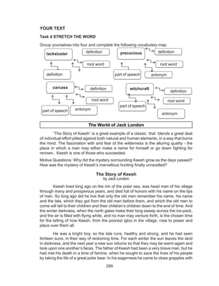 299
YOUR TEXT
Task 4 STRETCH THE WORD
Group yourselves into four and complete the following vocabulary map.
The World of Jack London
	“The Story of Keesh” is a great example of a classic that blends a great deal
of individual effort pitted against both natural and human elements, in a way that burns
the mind. The fascination with and fear of the wilderness is the alluring quality - the
place in which a man may either make a name for himself or go down fighting for
renown. Keesh is one of those who succeeded.  
Motive Questions: Why did the mystery sorrounding Keesh grow as the days passed?
How was the mystery of Keesh’s marvellous hunting finally unravelled?
The Story of Keesh
by Jack London
	 Keesh lived long ago on the rim of the polar sea, was head man of his village
through many and prosperous years, and died full of honors with his name on the lips
of men. So long ago did he live that only the old men remember his name, his name
and the tale, which they got from the old men before them, and which the old men to
come will tell to their children and their children’s children down to the end of time. And
the winter darkness, when the north gales make their long sweep across the ice-pack,
and the air is filled with flying white, and no man may venture forth, is the chosen time
for the telling of how Keesh, from the poorest igloo in the village, rose to power and
place over them all.
	 He was a bright boy, so the tale runs, healthy and strong, and he had seen
thirteen suns, in their way of reckoning time. For each winter the sun leaves the land
in darkness, and the next year a new sun returns so that they may be warm again and
look upon one another’s faces. The father of Keesh had been a very brave man, but he
had met his death in a time of famine, when he sought to save the lives of his people
by taking the life of a great polar bear. In his eagerness he came to close grapples with
root word
antonympart of speech
antonym
lakslustre
definition
root word
part of speech
precocious definition
root word
antonympart of speech
carcass definition witchcraft
definition
root word
part of speech
lacksluster definition precocious
root word
definition
root word
antonympart of speech
definition
carcass
definition
root word
antonympart of speech
witchcraft
definition
root word
antonym
part of speech
 