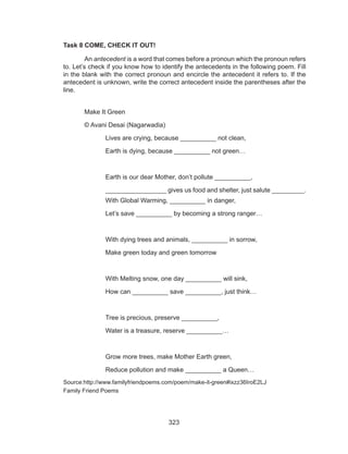 323
Task 8 COME, CHECK IT OUT!
	 An antecedent is a word that comes before a pronoun which the pronoun refers
to. Let’s check if you know how to identify the antecedents in the following poem. Fill
in the blank with the correct pronoun and encircle the antecedent it refers to. If the
antecedent is unknown, write the correct antecedent inside the parentheses after the
line.
	 Make It Green
	© Avani Desai (Nagarwadia)
		 Lives are crying, because __________ not clean,
		 Earth is dying, because __________ not green…
		 Earth is our dear Mother, don’t pollute __________,
_________________ gives us food and shelter, just salute _________.
		 With Global Warming, __________ in danger,
		 Let’s save __________ by becoming a strong ranger…
		 With dying trees and animals, __________ in sorrow,
		 Make green today and green tomorrow
		 With Melting snow, one day __________ will sink,
		 How can __________ save __________, just think…
		 Tree is precious, preserve __________,
		 Water is a treasure, reserve __________…
		 Grow more trees, make Mother Earth green,
		 Reduce pollution and make __________ a Queen…
Source:http://www.familyfriendpoems.com/poem/make-it-green#ixzz36IroE2LJ
Family Friend Poems
 