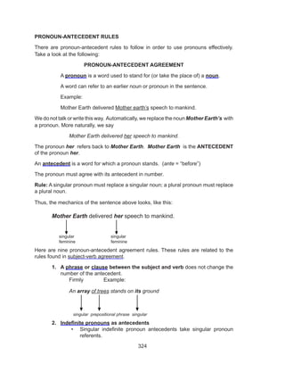 324
PRONOUN-ANTECEDENT RULES
There are pronoun-antecedent rules to follow in order to use pronouns effectively.
Take a look at the following:
PRONOUN-ANTECEDENT AGREEMENT
A pronoun is a word used to stand for (or take the place of) a noun.
A word can refer to an earlier noun or pronoun in the sentence.
Example:
Mother Earth delivered Mother earth’s speech to mankind.
We do not talk or write this way. Automatically, we replace the noun Mother Earth’s  with
a pronoun. More naturally, we say
		Mother Earth delivered her speech to mankind.
The pronoun her  refers back to Mother Earth.  Mother Earth  is the ANTECEDENT
of the pronoun her. 
An antecedent is a word for which a pronoun stands.  (ante = “before”)
The pronoun must agree with its antecedent in number.
Rule: A singular pronoun must replace a singular noun; a plural pronoun must replace
a plural noun.
Thus, the mechanics of the sentence above looks, like this:
	 Mother Earth delivered her speech to mankind.
	
singular 		 singular							
	 feminine		 feminine
Here are nine pronoun-antecedent agreement rules. These rules are related to the
rules found in subject-verb agreement.
1.	 A phrase or clause between the subject and verb does not change the
number of the antecedent.
		 Firmly		 Example:
		An array of trees stands on its ground
		
		 singular prepositional phrase singular
2.	 Indefinite pronouns as antecedents
•	 Singular indefinite pronoun antecedents take singular pronoun
referents.
 