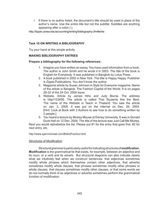 345
•	 If there is no author listed, the document’s title should be used in place of the
author’s name. Use the entire title but not the subtitle. Subtitles are anything
appearing after a colon (:).
http://tippie.uiowa.edu/accounting/writing/bibliography.cfm#write
Task 10 ON WRITING A BIBLIOGRAPHY
Try your hand at this simple activity.
MAKING BIBLIOGRAPHY ENTRIES
Prepare a bibliography for the following references:
1.	 Imagine you have written an essay. You have used information from a book.
The author is John Smith and he wrote it in 2003. The title of the book is
English for Everybody. It was published in Bangkok by Lotus Press.
2.	 A book published in 2002 in New York. The title is Happy Happy. Publisher
is Zippie Publications. You don’t know the author.
3.	 Magazine article by Susan Johnson in Style for Everyone magazine. Name
of the article is Bangkok: The Fashion Capital of the World. It is on pages
28-32 of the 24 Oct. 2004 issue.
4.	 Website. Article by James Hiho and Judy Blume. The address
is http//123456. The article is called Thai Students Are the Best.
The name of the Website is Teach in Thailand. You saw the article
on Jan. 2, 2005. It was put on the internet on Dec. 26, 2004.
[Hint: Look at Book with 2 Authors to see how to do something written by
2 people.]
5.	 You heard a lecture by Mickey Mouse at Disney University. It was in Donald
Duck Hall on 12 Dec. 2004. The title of the lecture was Just Call Me Mickey.
Next you would alphabetize the list. Please put #1 for the entry that goes first, #2 for
next entry, etc.
http://www.ajarnmichael.com/BiblioPractice.html
Structures of Modification
	 Structuralgrammarisparticularlyusefulforindicatingstructuresof modification.
Modification is the grammatical tie that exists, for example, between an adjective and
its noun, or a verb and its adverb.  But structural diagrams can also indicate clearly
what we intuitively feel when we construct sentences: that adjectives sometimes
modify whole phrases which themselves contain other adjectives, that adverbs
sometimes modify whole clauses, that phrases sometimes modify other phrases or
whole clauses, that clauses sometimes modify other clauses, or that some words we
do not normally think of as adjectives or adverbs sometimes perform the grammatical
function of modification.
	
 