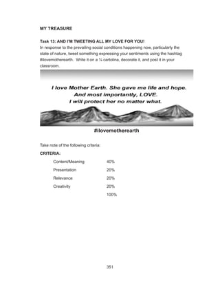 351
MY TREASURE
Task 13: AND I’M TWEETING ALL MY LOVE FOR YOU!
In response to the prevailing social conditions happening now, particularly the
state of nature, tweet something expressing your sentiments using the hashtag
#ilovemotherearth. Write it on a ¼ cartolina, decorate it, and post it in your
classroom.
See the example below:
#ilovemotherearth
Take note of the following criteria:
CRITERIA:
Content/Meaning		 40%
Presentation			20%
Relevance			20%
Creativity			20%
100%
 