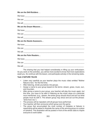 353
We are the Skill Builders …
We have ____________________________________________________________
We can _____________________________________________________________
We will _____________________________________________________________
We are the Dream Weavers …
We have ____________________________________________________________
We can _____________________________________________________________
We will _____________________________________________________________
We are the Needs Assessors…
We have ____________________________________________________________
We can _____________________________________________________________
We will _____________________________________________________________
We are the Palm Readers…
We have ____________________________________________________________
We can _____________________________________________________________
We will _____________________________________________________________
	 The sharing that you had helped considerably in lifting up your enthusiasm.
As you work on the activities, you will be more excited to know that more explorations
await you. So continue with the lesson, and participate actively in the remaining tasks.
Task 2 NATURE TALKS
•	 Listen very carefully as your teacher plays the music video entitled “Mother
Nature’s Son,” for the first time.
•	 After listening, divide yourselves into groups.
•	 Assign a name to your group based on the terms: stream, grass, music, sun,
and mountain.
•	 After giving a name to your group, your teacher will play the music again, but
this time, you have to be alert in listening as the music stops at a particular
noun mentioned, (e.g., stream, the entire group should shout and act out what
people must do with it. The stream group may shout and act out the phrase:
“drink from me.”)
•	 The process will be repeated until all groups have performed.
•	 Your teacher will then announce which group won the game.
•	 The group that accumulated the most number of mistakes or failures in
responding will be asked to illustrate the name of the winning group on a piece
of cartolina. This illustration will be posted in front of the whole class to inspire
everyone to work better.
 
