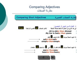 ‫‪Comparing Adjectives‬‬
                    ‫مقارنة الصفات‬
‫‪1. Comparing Short Adjectives‬‬
 ‫‪1. Comparing Short Adjectives‬‬                                             ‫مقارنة الصفات القصيرة‬
                                                                            ‫مقارنة الصفات القصيرة‬



                                                                      ‫1. المقارنة بين شيئين أو شخصين:‬
    ‫‪than‬‬   ‫القصيرة ثم كلمة‬   ‫‪er‬‬   ‫للغلب الصفات‬                  ‫في هذا النوع من المقارنة نلحظ إضافة اللحقة‬
                                                      ‫‪. Ali is older than Ahmed‬‬                                  ‫•‬
                                                   ‫‪.My Car is faster than yours‬‬                                  ‫•‬


                                               ‫فأننا نضيف ‪ r‬فقط.‬                     ‫‪e‬‬   ‫إذا انتهت الصفة دبحرف‬
                                           ‫‪safer thansafe‬‬                                                        ‫•‬
                                         ‫‪simpler thansimple‬‬                                                      ‫•‬




                  ‫كالعادة.‬   ‫‪er‬‬    ‫ثم نضيف‬          ‫‪i‬‬     ‫إلى‬    ‫‪y‬‬   ‫فأننا نقلب ال‬   ‫‪y‬‬   ‫إذا انتهت الصفة دبحرف‬
                                            ‫‪easier thaneasy‬‬                                                      ‫•‬
                                           ‫‪heavier thanheavy‬‬                                                     ‫•‬



                                  ‫عودة إلى القائمة الرئيسية‬      ‫التالي‬
                                    ‫عودة إلى القائمة الرئيسية‬     ‫التالي‬
 