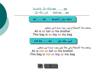 ‫‪( as……..as‬مثله مثل (بالضبط‬
    ‫ليس مثله مثل‬     ‫‪not as….as‬‬

   ‫‪as……..as‬‬
    ‫‪as……..as‬‬                      ‫)مثله مثل )) بالضبط‬
                                  ‫)مثله مثل بالضبط‬


             ‫يستخدم هذا الصطل ح حين وجود مساواة بين صفتين.‬
    ‫‪.Ali is as tall as his brother‬‬
  ‫‪.This bag is as big as my bag‬‬

    ‫‪not as……..as‬‬
     ‫‪not as……..as‬‬                                ‫ليس مثله مثل‬
                                                 ‫ليس مثله مثل‬

        ‫يستخدم هذا الصطل ح في حالة عدم وجود مساواة بين صفتين.‬
  ‫‪.Ali is not as tall as his brother‬‬
‫‪.This bag is not as big as my bag‬‬



         ‫السابق‬    ‫عودة إلى القائمة الرئيسية‬
          ‫السابق‬     ‫عودة إلى القائمة الرئيسية‬
 