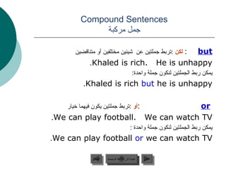 ‫‪Compound Sentences‬‬
               ‫جمل مركبة‬

       ‫: لكن :ترجبط جملتين عن شيئين مختلفين أو متناقضين‬                    ‫‪but‬‬
              ‫.‪.Khaled is rich‬‬                                   ‫‪He is unhappy‬‬
                                               ‫يمكن رجبط الجملتين لنكون جملة واظحدة:‬
           ‫‪.Khaled is rich but he is unhappy‬‬

    ‫:أو :ترجبط جملتين يكون فيهما خيار‬                               ‫‪or‬‬
‫.‪.We can play football‬‬                                 ‫‪We can watch TV‬‬
                                             ‫يمكن رجبط الجملتين لنكون جملة واظحدة :‬
‫‪.We can play football or we can watch TV‬‬

               ‫السابق‬    ‫عودة إلى القائمة الرئيسية‬     ‫التالي‬
                ‫السابق‬     ‫عودة إلى القائمة الرئيسية‬    ‫التالي‬
 