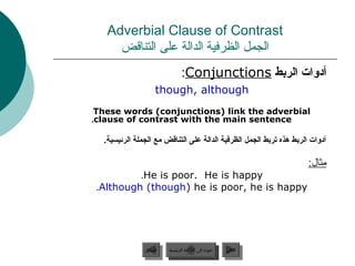 ‫‪Adverbial Clause of Contrast‬‬
     ‫الجمل الظرفية الدالة على التناقض‬
                                ‫أدوات الردبط ‪:Conjunctions‬‬
                   ‫‪though, although‬‬
 ‫‪These words (conjunctions) link the adverbial‬‬
‫‪.clause of contrast with the main sentence‬‬

  ‫أدوات الردبط هذه تردبط الجمل الظرفية الدالة على التناقض مع الجملة الرئيسية.‬

                                                                       ‫مثال:‬
          ‫‪.He is poor. He is happy‬‬
 ‫‪.Although (though) he is poor, he is happy‬‬




               ‫السابق‬    ‫عودة إلى القائمة الرئيسية‬     ‫التالي‬
                ‫السابق‬     ‫عودة إلى القائمة الرئيسية‬    ‫التالي‬
 