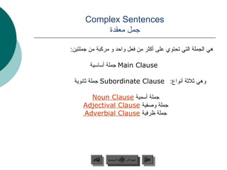 ‫‪Complex Sentences‬‬
           ‫جمل معقدة‬

‫هي الجملة التي تحتوي على أكثر من فعل واظحد و مركبة من جملتين:‬

        ‫‪ Main Clause‬جملة أساسية‬

 ‫وهي ةثلةثة أجنواع: ‪ Subordinate Clause‬جملة ةثاجنوية‬

       ‫جملة أسمية ‪Noun Clause‬‬
     ‫جملة وصفية ‪Adjectival Clause‬‬
     ‫جملة ظرفية ‪Adverbial Clause‬‬




         ‫السابق‬    ‫عودة إلى القائمة الرئيسية‬     ‫التالي‬
          ‫السابق‬     ‫عودة إلى القائمة الرئيسية‬    ‫التالي‬
 