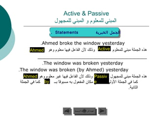 ‫‪Active  Passive‬‬
                    ‫المبني للمعلوم و المبني للمجهول‬
                 ‫‪A. Statements‬‬
                 ‫‪A. Statements‬‬                                    ‫الجمل الخبرية‬
                                                                   ‫الجمل الخبرية‬

              ‫‪.Ahmed broke the window yesterday‬‬
       ‫هذه الجملة مبني للمعلوم ‪ Active‬وذلك ل ن الفاعل فيها معلوم وهو ‪.Ahmed‬‬
             ‫___________________________________________‬
               ‫‪.The window was broken yesterday‬‬
‫‪.The window was broken (by Ahmed) yesterday‬‬
   ‫هذه الجملة مبني للمجهول ‪ Passiv‬وذلك ل ن الفاعل فيها غير معلوم وهو ‪Ahmed‬‬
 ‫كما في الجملة الولى أو وضع مكا ن المفعول به مسبوقا بــ ‪ by‬كما في الجملة‬
                      ‫ ً‬                      ‫‪e‬‬
                                                                  ‫الثانية.‬



                          ‫السابق‬    ‫عودة إلى القائمة الرئيسية‬       ‫التالي‬
                           ‫السابق‬     ‫عودة إلى القائمة الرئيسية‬      ‫التالي‬
 